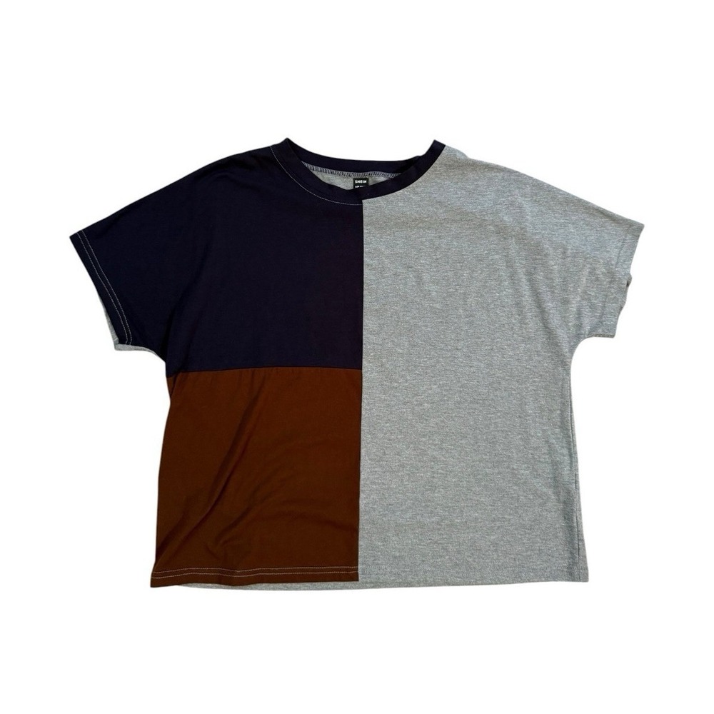 SHEIN Women's XL Navy Brown Grey Colorblock T-Shirt Crew Neck Short Sleeve